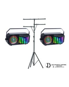 2 x Light Emotion DERBY3 3-In-1 Lighting Effect: Derby, LED Strobe And Flood Light And RGB Laser +  FREE STAND